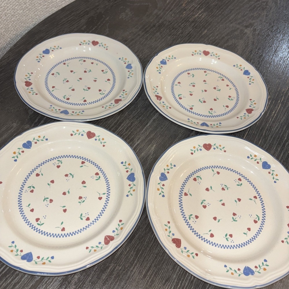 Legacy Hearts Salad Plates  (7.5") Newcor‎ 1989 Stoneware White Blue Set Of 4